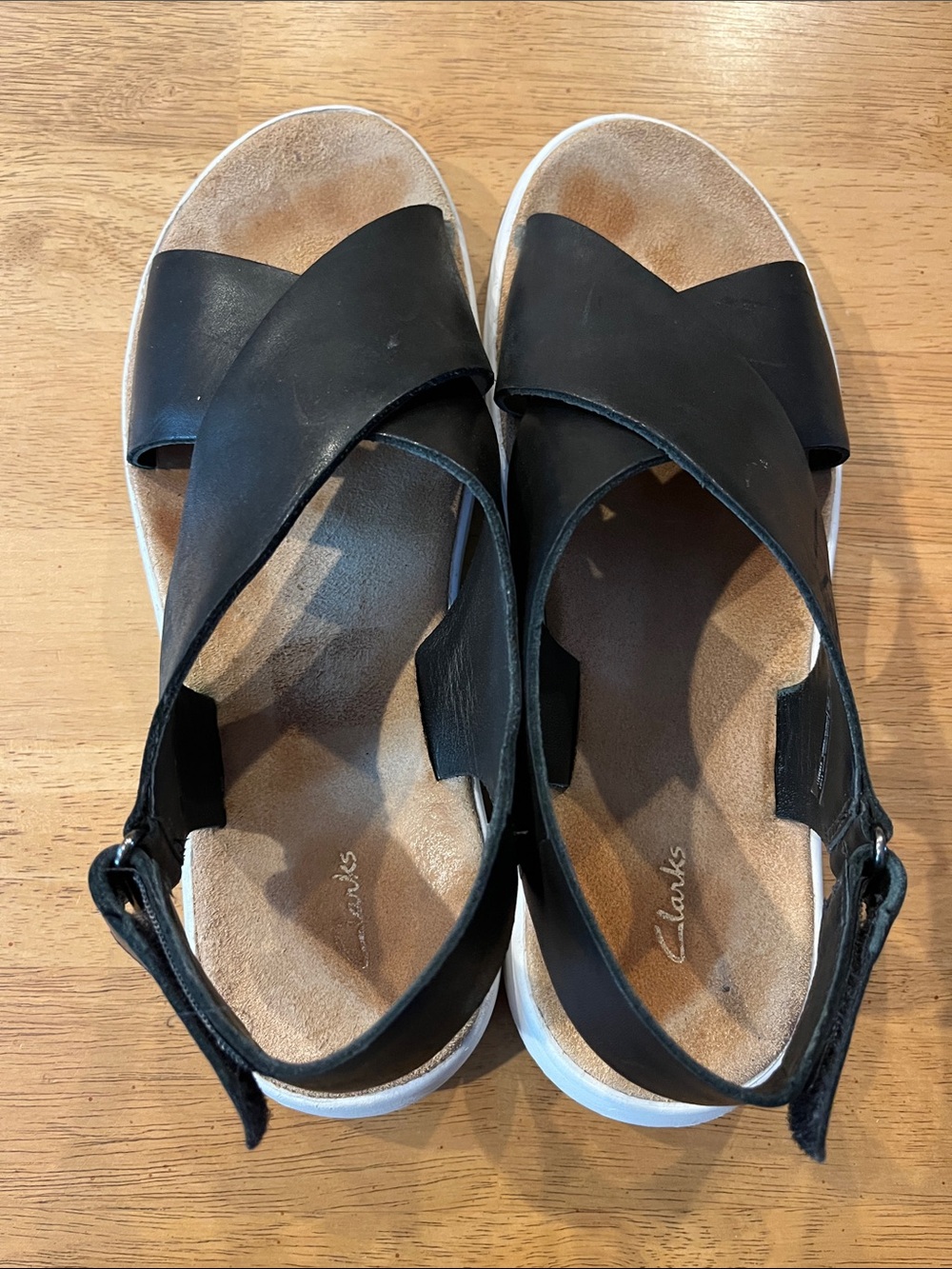 Clarks Black Leather Crossover Velcro Strap Sandals